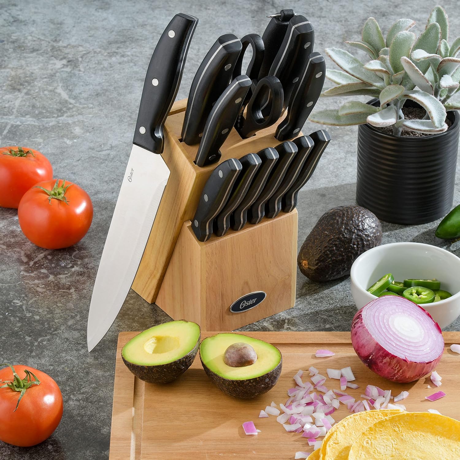 Oster Granger 14 Piece Stainless Steel Cutlery Set W/Wood Block Oster Granger 14 Piece Stainless Steel Cutlery Set W/Wood Block
